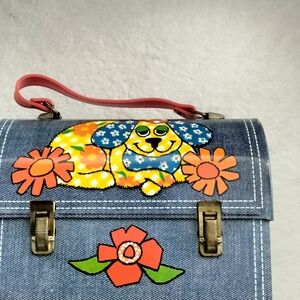 Floral Dog Print Denim Handbag with Red Handle